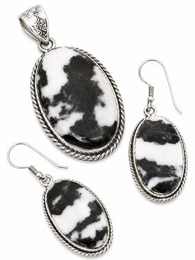 925 Sterling Silver 🤍 Black and White Stone Oval Pendant & Earrings Jewelry Set